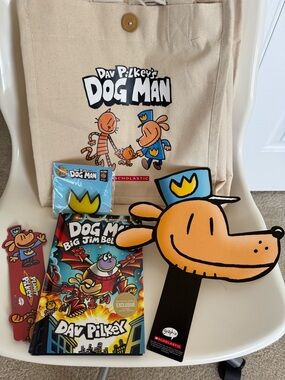 New! Signed Dav Pilkey Dog Man Big Jim Believes Book & Tote Bag Set w/ Extras